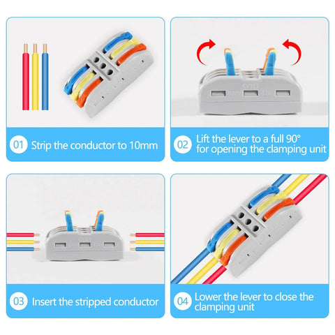 Instructions for using Three In Three Out Lever Nut Wire Connectors For Quick Push In Splice No Tools Needed Easy Snap In Terminal Block