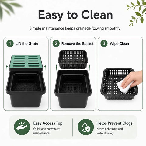 Rugged Heavy Duty Catch Basin With Grate And Debris Basket For Outdoor Drainage System, cleaning instructions displayed