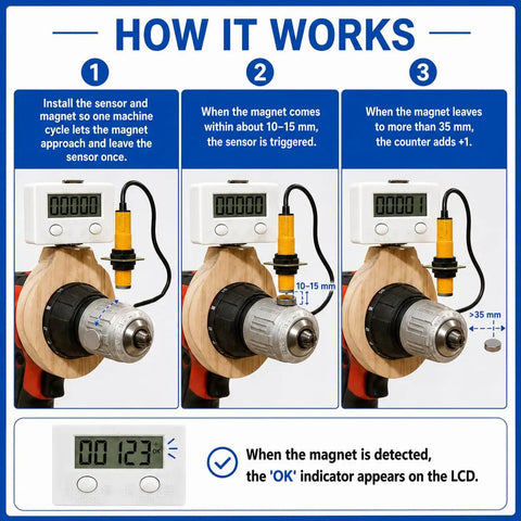 How it works image illustrating Super Smooth 5 Digit Digital Row Counter Counting Up To 99999 with sensor and magnet setup.