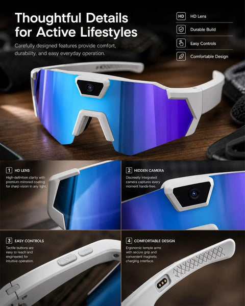 4K POV Baseball Glasses With Camera For Men And Women Sports Sunglasses Eyewear With HD Recording And Audio Video Capture Anti Glare Lenses For Running Cycling Hiking And Adventure Ice Blue