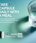 Image showing a single capsule next to a glass of water, with text emphasizing daily intake. 7 In 1 Brain Boost Stack With Magnesium Glycinate And Lithium Orotate 10 Mg Ashwagandha NAC And Omega 3 For Mood Boost Focus Memory Support Non GMO Vegan Capsules is suggested for a 120-day supply.
