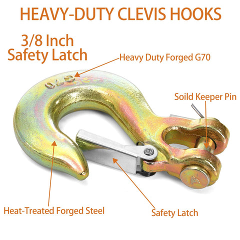 Six Pack Three Eighth Inch Clevis Slip Hooks With Safety Latch, G70 forged steel chain hook, yellow zinc coated, 18,000 lb