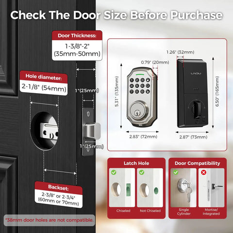 Check door size for No More Fumbling Keyless Entry Door Lock For Front Door With Keypad And One Hundred Stored Codes dimensions.