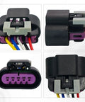 Front and side views of a Five Way MAF Sensor Connector Pigtail For Chevy Silverado Sierra Hybrid Tahoe Suburban Yukon Express Savana HHR Cobalt Colorado Canyon 2004 2012 6.0L V8 LQ4 LFA Compatible OE Style Replacement
