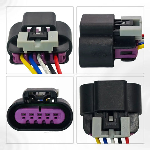 Front and side views of a Five Way MAF Sensor Connector Pigtail For Chevy Silverado Sierra Hybrid Tahoe Suburban Yukon Express Savana HHR Cobalt Colorado Canyon 2004 2012 6.0L V8 LQ4 LFA Compatible OE Style Replacement