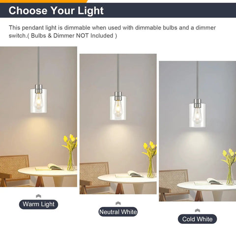 Top Shelf Modern Farmhouse Brushed Nickel Pendant Lights With Clear Glass Shades And Adjustable Rods, Straight Up Ideal Hanging Fixtures For Kitchen Island Or Bar, Dead Simple Dimmable E26 Setup In This Two Pack: Dimmable lighting options shown.