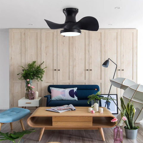 ABS Ceiling Fan with 3 Color Temperature LED Light and Remote Control mounted in a modern living room with furniture.