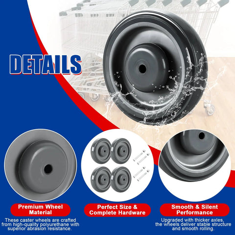 Shopping Cart Replacement Wheels Kit 12 Pack 5 Inch TPU Silent Supermarket Casters With Double Ball Bearings Non Marking Durable Replacement, details and features overview with close-up of caster.