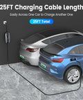 Portable Level 1 And 2 EV Charger J1772 Connector With 16 Amp Adjustable Output shown in use with a 25 ft cable charging two EVs.