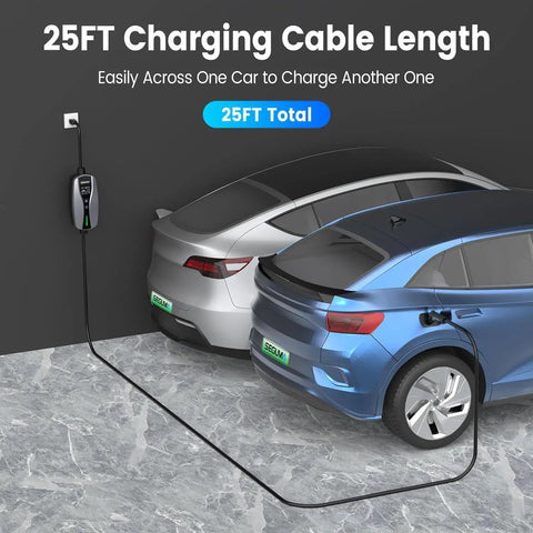 Portable Level 1 And 2 EV Charger J1772 Connector With 16 Amp Adjustable Output shown in use with a 25 ft cable charging two EVs.