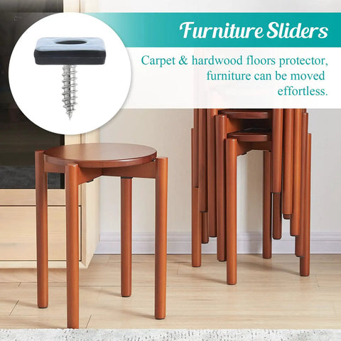 24 Pack Screw On Furniture Sliders For Heavy Gear 1 Inch Square Floor Glides protect wooden stool, showcasing easy furniture movement.
