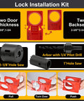 Lock Installation Kit showcasing two red templates for door thickness 1-3/8" to 1-3/4" and two black hole saws.