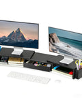 Dual Monitor Stand Riser With Drawer And Pen Holders Desk Organizer And Book Racks For Office Desk Accessories Boss Level Workspace Organizer For Two Monitors In Black, pictured with two monitors, pens, and books.