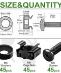 Heavy Duty Black M6 Rack Mount Cage Nuts And 16mm Pan Head Screws With Washers For Server Cabinets Routers displayed with quantities.