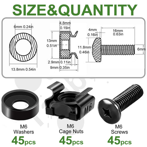 Heavy Duty Black M6 Rack Mount Cage Nuts And 16mm Pan Head Screws With Washers For Server Cabinets Routers displayed with quantities.