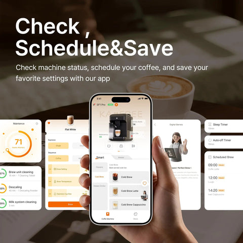User operating app for Smart Automatic Espresso Maker With Built In Burr Grinder And Dual Milk Frother One Tap Super Coffee Brewer.