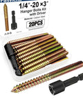 20 Pack Of 1/4-20 By 3 Inch Hanger Bolts In Rugged Carbon Steel on display with driver, ideal for heavy-duty woodworking tasks.