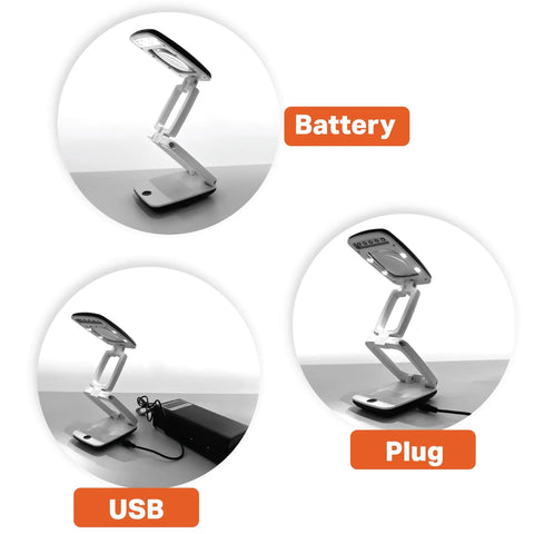 Pocket Magnifier With Light And Stand 3X Magnification Handy Portable 2-In-1 LED Desk Magnifier showing battery, USB, and plug options
