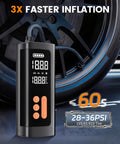 Portable On The Go Tire Inflator Air Pump With Digital Pressure Gauge And Auto Shutoff 3 To 150 PSI next to car wheel