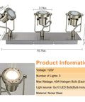 Diagram of Three Light Ceiling Track Lighting Fixture with Flexible GU10 Heads in Brushed Nickel, dimensions and details shown.