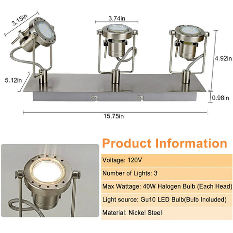 Diagram of Three Light Ceiling Track Lighting Fixture with Flexible GU10 Heads in Brushed Nickel, dimensions and details shown.