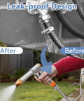 5 Pack Stainless Steel Garden Hose Quick Connect Fittings No Fuss Quick Release Adapters One Half To Three Quarter Inch GHT Heavy Duty Water Hose Connectors For Hoses And Sprayers, shown in leak-proof operation, connecting hose to a sprayer.
