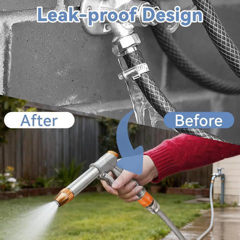 5 Pack Stainless Steel Garden Hose Quick Connect Fittings No Fuss Quick Release Adapters One Half To Three Quarter Inch GHT Heavy Duty Water Hose Connectors For Hoses And Sprayers, shown in leak-proof operation, connecting hose to a sprayer.