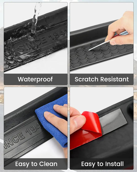 Door Sill Guards Kit For 2018 To 2025 Jeep Wrangler JL JLU And Gladiator JT 4 Door Black Rubber Protectors showing waterproof, easy to clean and install