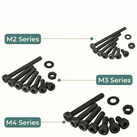 Massive 1260 Piece Metric Bolt Kit With M2 M3 M4 Fasteners, 21 Sizes From 4mm To 30mm, Alloy Steel Hex Bolts Nuts Washers Set For DIY Projects And Repairs, Built Tough For Everyday Fixes. M2, M3, M4 series black hex bolts, nuts, and washers