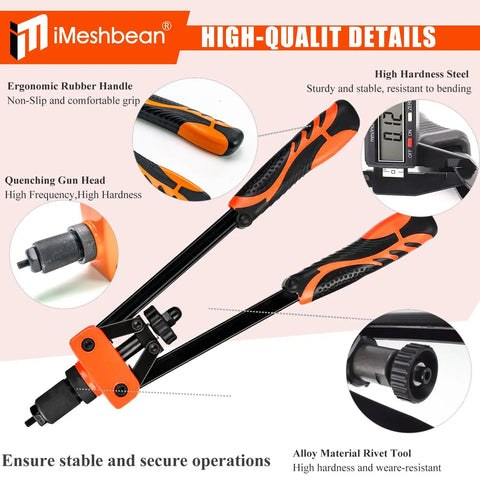 Top Shelf 14 Inch Heavy Duty Rivet Nut Tool With Easy Change Mandrels And Nose Pieces Perfect For Tight Spots Includes 70 Rivnuts Plus Metric And Sae Sets In A Sturdy Carrying Case You Will Love This Durable Hand Riveter Kit orange black handles