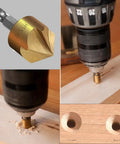 Killer Pro Grade Woodworking Chamfer And Countersink Kit shows HSS hex shank drill bit in action drilling through wood.