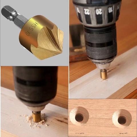 Killer Pro Grade Woodworking Chamfer And Countersink Kit shows HSS hex shank drill bit in action drilling through wood.