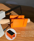 Compact 90 Degree And 45 Degree Cutting Guide For Woodworking, Portable Miter And Straight Cut Helper With Clear Markings On Rails, Easy To Store In Your Toolbox, Hassle Free Outdoor Projects. orange woodworking cutting guide with anti-slip pads on wood dowel
