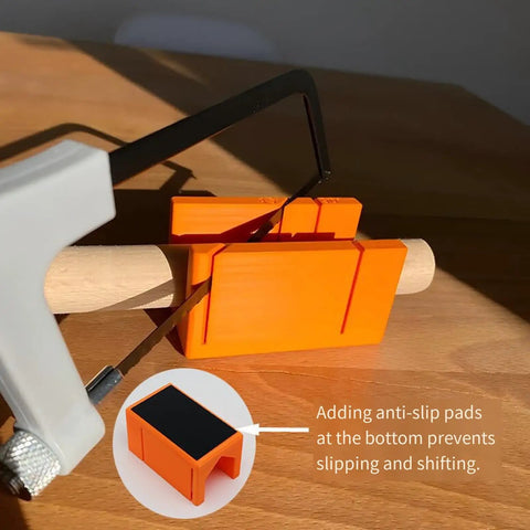 Compact 90 Degree And 45 Degree Cutting Guide For Woodworking, Portable Miter And Straight Cut Helper With Clear Markings On Rails, Easy To Store In Your Toolbox, Hassle Free Outdoor Projects. orange woodworking cutting guide with anti-slip pads on wood dowel