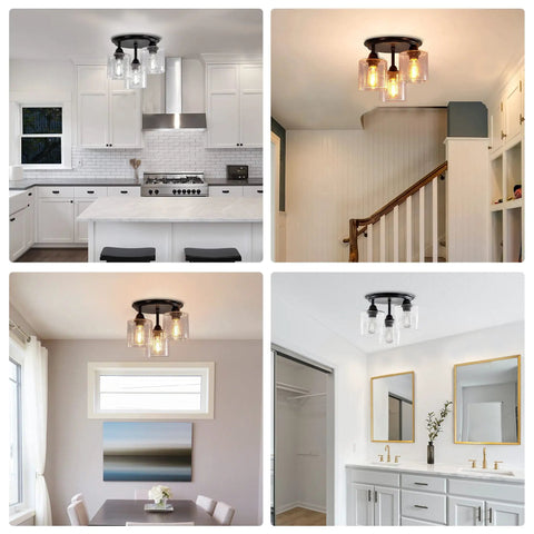 3 Light Industrial Semi Flush Mount Ceiling Light In Bronze Finish With Seeded Glass Shades Sleek Modern Fixture in various rooms