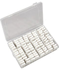 Quick Plug Electrical Cable Connectors 120 Pack 2 Pin Push Spring Loaded Terminal in clear storage box for easy organization.