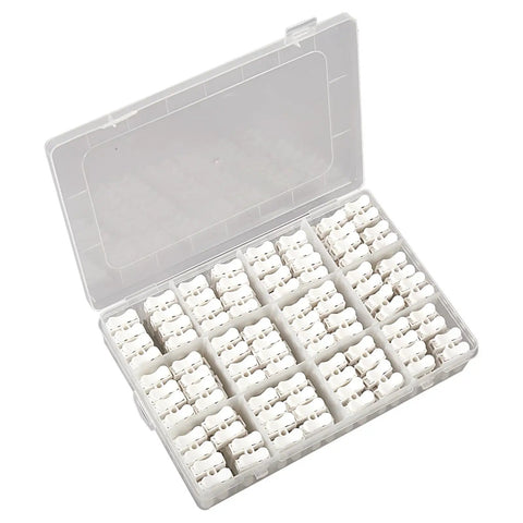 Quick Plug Electrical Cable Connectors 120 Pack 2 Pin Push Spring Loaded Terminal in clear storage box for easy organization.