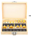 Fifteen Piece Router Bit Set With One Quarter Inch Shank For Woodworking Includes Corner Round Dovetail Bit