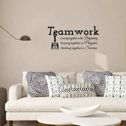 Teamwork Motivation Wall Decal Inspirational Quote About Coming Together Is The Beginning Keeping Together Is Progress Working Together Is Success For Office Walls 22X10 Matte Vinyl Removable Decor Vibe on living room wall above couch.