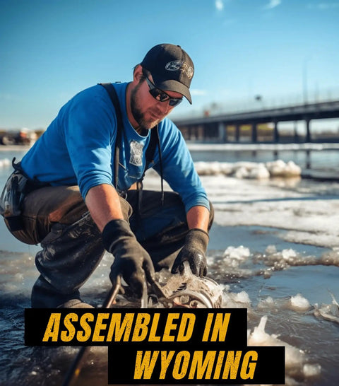 Man using 1200 Lb Magnet Fishing Kit With Heavy Duty Case Double Sided Magnets 2 In 1 For Treasure Hunters on icy river
