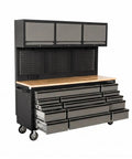 Top Tier 72 Inch Rolling Tool Chest 79 Inches Tall Features 14 Smooth Drawers 3 Cabinets Pegboard Back For Badass Garage Organization Heavy Duty Shop Storage shown from the side