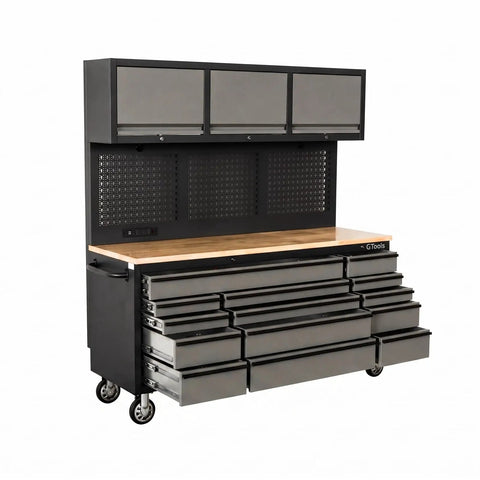 Top Tier 72 Inch Rolling Tool Chest 79 Inches Tall Features 14 Smooth Drawers 3 Cabinets Pegboard Back For Badass Garage Organization Heavy Duty Shop Storage shown from the side