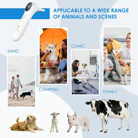 Pet Ear Thermometer for Dogs, Cats, and Livestock with Long Probe, Infrared Ear Thermometer for Fast OneSecond Read, Celsius Fahrenheit Conversion, Sound Switch, 20 Pet Swabs Included shown with dogs, cats, pig, sheep, cow
