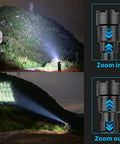 Person using Rechargeable 1.5 Million Lumen Tactical Flashlight With Zoomable Beam, projecting beam on hill and ground.