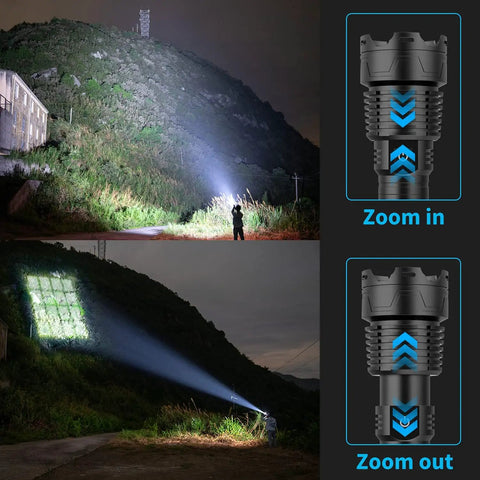 Person using Rechargeable 1.5 Million Lumen Tactical Flashlight With Zoomable Beam, projecting beam on hill and ground.
