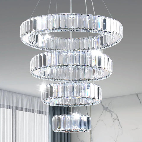 Four Ring LED Crystal Chandelier With Adjustable Ring Sizes, Sleek Stainless Steel Modern Ceiling Light For Living Room