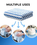 Blue and white cleaning cloth used for dishes, countertops, and bathroom surfaces with multiple uses illustration.