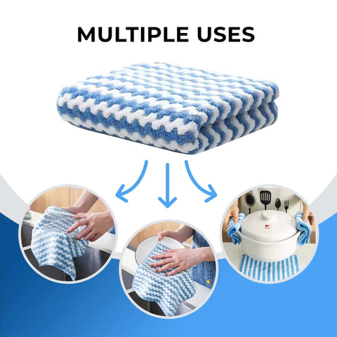 Blue and white cleaning cloth used for dishes, countertops, and bathroom surfaces with multiple uses illustration.