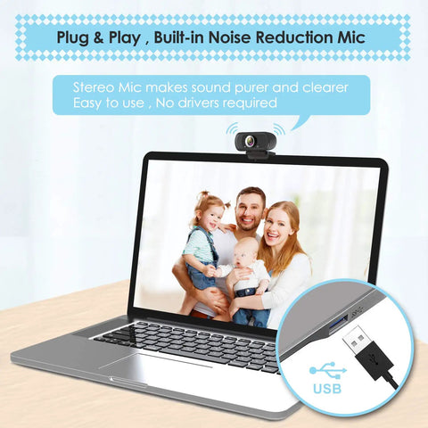 1080P HD Webcam With Built In Microphone And Sturdy Tripod on laptop with family photo, USB plug, easy setup for video calls.
