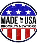 Round emblem with blue stars and red stripes, reads "Made in the USA Brooklyn New York" in bold letters.